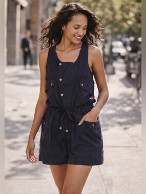 Anthropologie Dree Navy Utility Romper by Elevenses Tie Waist Snap Front XS